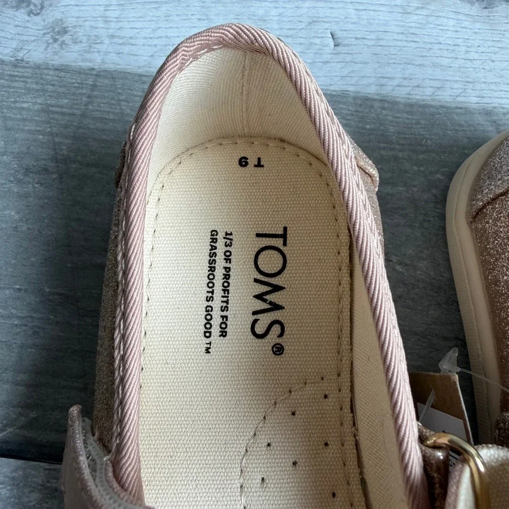 TOMS Toddler Rose Gold Glitter Mary Jane Flats Hook Loop Strap Size 9